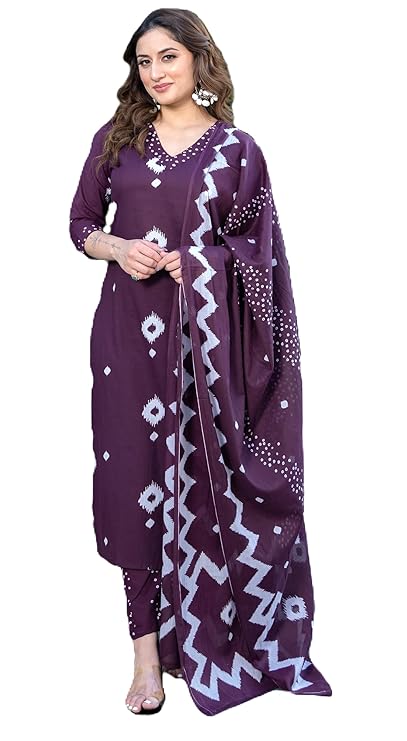 Arayna Women's Pure Cotton Bandhani Print Ethnic Kurta Set with Palazzo Pants & Dupatta