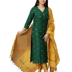 GoSriKi Women's Silk Blend Straight Printed Kurta with Pant & Dupatta