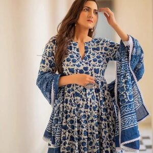 MEERA FAB Women's Cotton Printed Anarkali Kurta with Palazzo & Dupatta Set